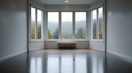 Fototapeta premium Empty room with bay window overlooking a misty landscape