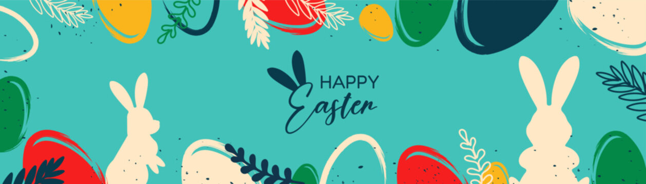 Modern easter background with abstract eggs. Flat decorative elements in trendy palette. Creative spring holiday composition