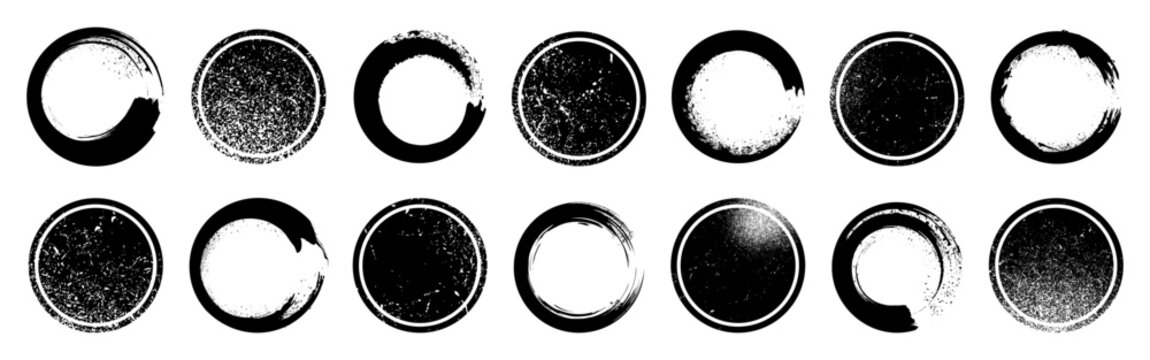 Round grunge frame collection with ink texture. Circular stamp borders in black style. Vintage distressed set