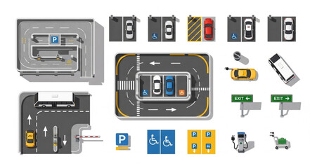 Overhead view of various parking lot designs and related elements for urban planning.