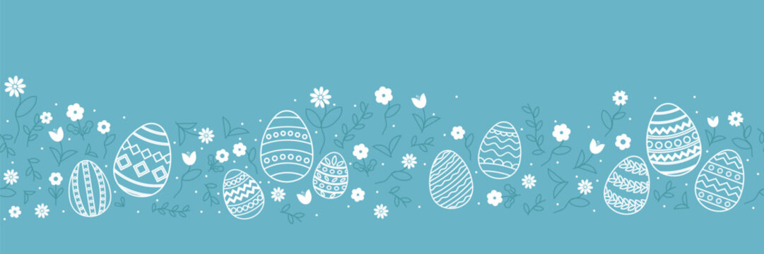 Easter seamless border with decorated eggs. Floral spring ornament on blue background. Festive horizontal holiday pattern