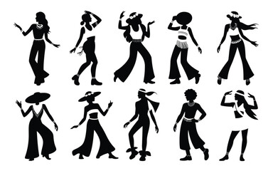 Fototapeta premium Silhouettes of women in various dance poses with different outfits and hairstyles on white background