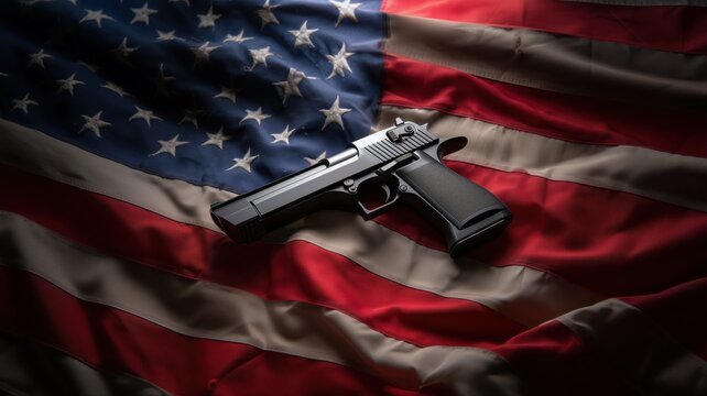 Striking image of a handgun on an American flag, symbolizing American gun culture, national identity, and the ongoing cultural conversation