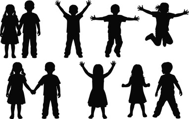 Obraz premium Happy children silhouette collection, boys and girls standing jumping isolated on white background, black shadow kids set