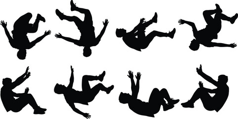 Obraz premium Male falling silhouette collection, dynamic accident poses isolated on white background, black shadow figure set, full body motion