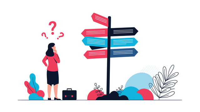 Confused businesswoman standing before a multi-directional signpost with many arrows for difficult career choices.