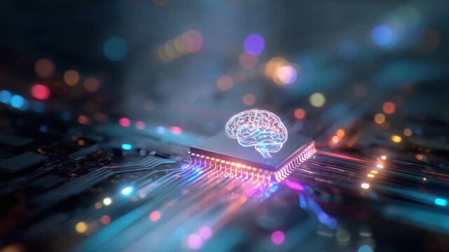 Brain's Digital Realm: A digital representation of a human brain resting on a computer chip, symbolizing the evolution of technology and the future of artificial intelligence. 