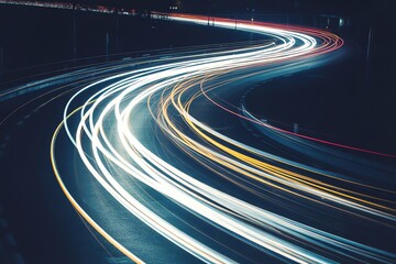 Capturing the vibrant light trails of traffic on a dark, winding road at night, representing speed, movement, and the energy of urban travel.