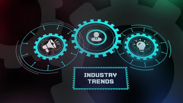 Industry trends analysis with business intelligence dashboard, technology innovation gears and corporate growth strategy concept.