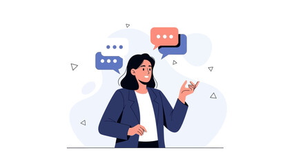 Woman Talking with Speech Bubbles, Communication, Ideas, Discussion, Connection