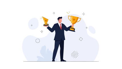 Businessman holding two trophies, representing success and achievement