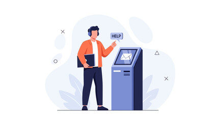 Customer service agent using touchscreen kiosk for assistance, modern technology concept