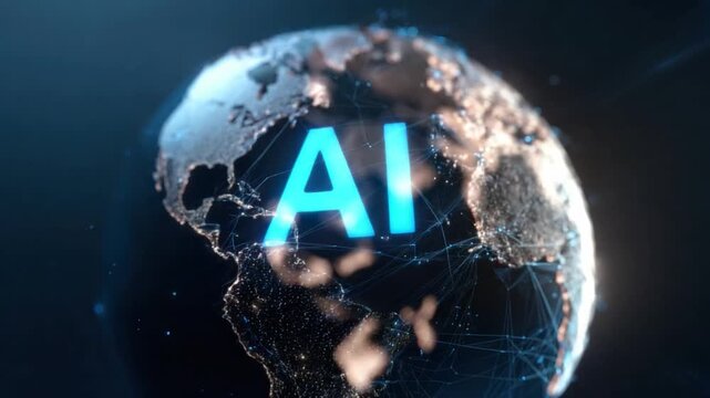 AI and Global Tech: A futuristic depiction of the globe, with the initials AI emblazoned across, symbolizes the integration of artificial intelligence across the world.
