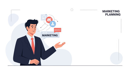 Man presenting marketing planning with business icons and speech bubble
