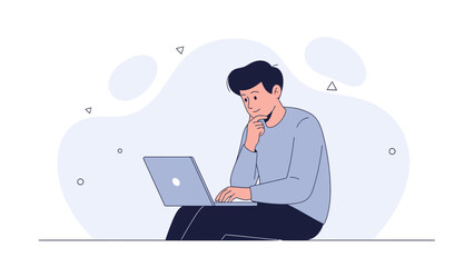 Man thinking while working on a laptop computer with abstract background