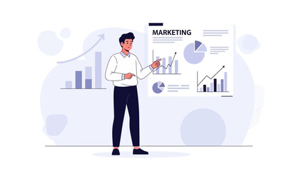 Man presenting marketing graph, business analytics, financial growth chart, presentation