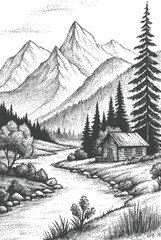 Mountain halftone dither river valley illustration with cabin and pine forest backdrop © AssetBud