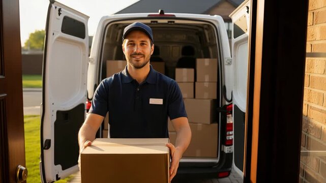 Professional Delivery Driver Handing Over Package At Doorway Scene