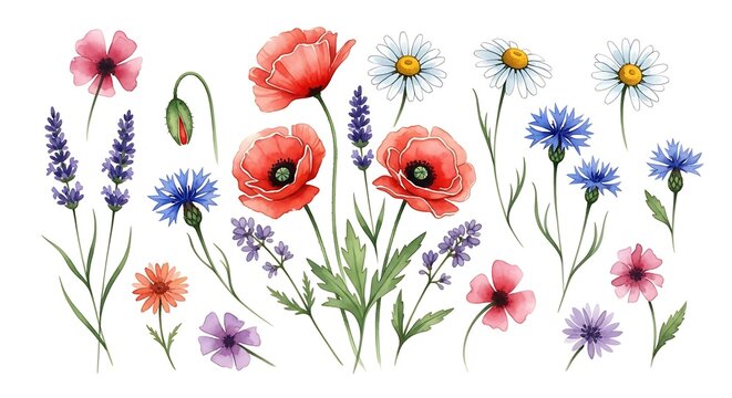 Watercolor wildflowers including poppies, lavender, daisies, and cornflowers.