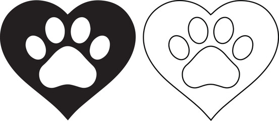 Vector illustration set of a dog paw print inside a heart shape featuring solid black silhouette and line outline designs, ideal for pet love, animal rescue, and veterinary clinic symbols. © Hasina Akter