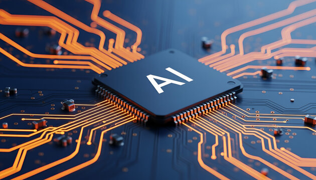&ldquo;AI Chip Centerpiece: Black Microchip with Orange Pathways on Dark Blue Circuit Board&rdquo;

