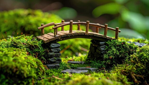 FlyPro Firefly Miniature model of a bridged chasm constructed from natural wood and stone on a mossy ground, detailed photographic capture
