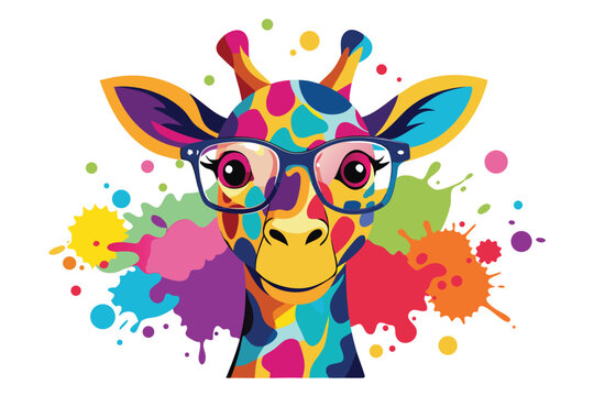 Colorful artistic giraffe in with eyeglasses colorful paint splatters on white background sate 