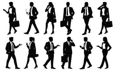 Fototapeta premium Business professionals walking with briefcases and talking on phones in various poses on white background