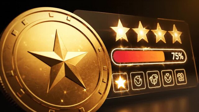 Golden compass with glowing star emblem on sleek digital interface displaying 75% rating and rating icons