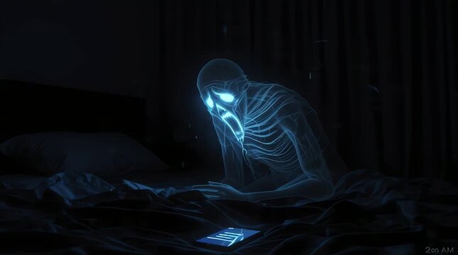 A translucent ghost in an empty bedroom at night suddenly recoils in terror after seeing a smartphone notification that reads &ldquo;Work Reminder &ndash; 2:00 AM&rdquo;. The ghost&rsquo;s face distorts in fear
