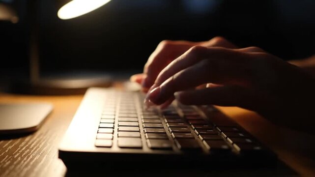 Close up hands typing on computer keyboard, representing office work and digital productivity.