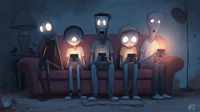 Monsters observing modern humans from the darkness. Instead of attacking, the monsters tremble in fear as they witness humans ignoring each other, staring at glowing screens, working late at night