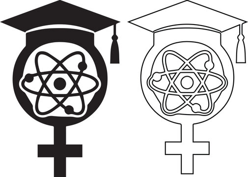 Vector illustration set of a female symbol with an atom and graduation cap in solid black silhouette and outline designs, ideal for women in STEM education and academic science concepts.