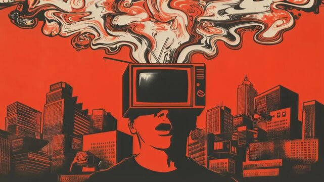 Striking surreal illustration of a television-headed figure with swirling smoke, bold red tones, and urban cityscape, perfect for impactful visual storytelling