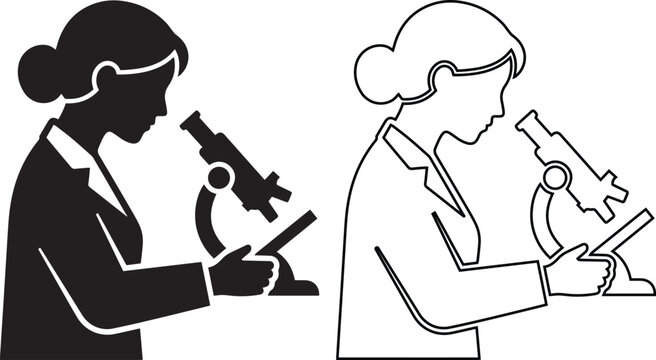 Vector illustration set of a female scientist using a microscope featuring solid silhouette and line outline designs, ideal for biology laboratory, medical research, or science symbols.