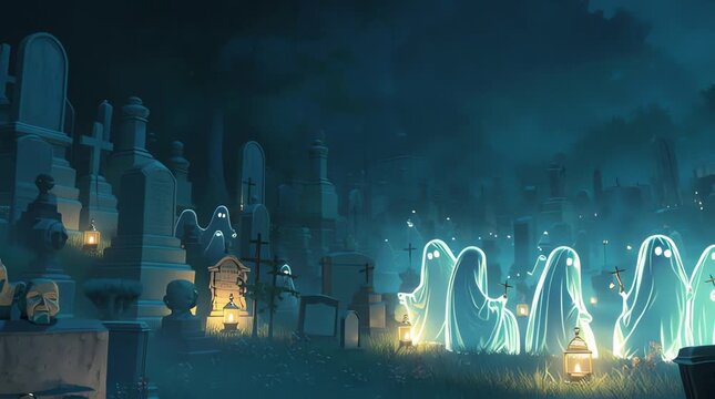 A group of ghosts gathered in an old cemetery at night, treating the graveyard as an entertainment space. Translucent spirits sit on gravestones, float in small groups