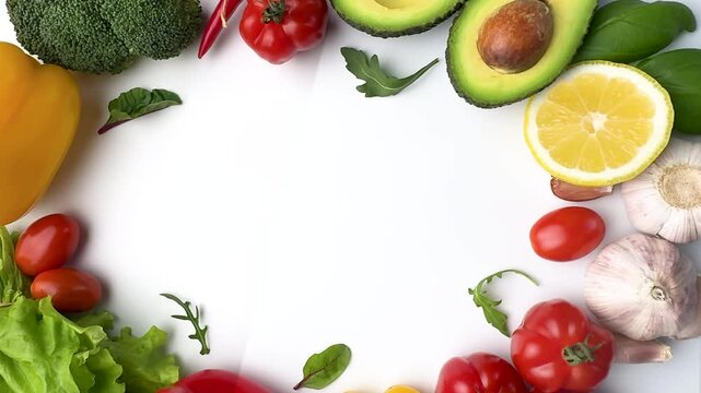 Fresh vegetables and fruits frame on white background