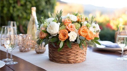 Obraz premium A beautifully arranged floral centerpiece in a wicker basket on a dining table outdoors