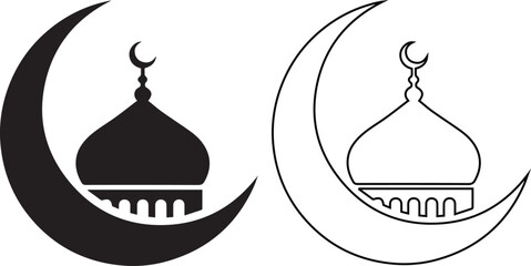 Crescent moon with mosque dome silhouette symbolizing Islam, Ramadan celebration, Eid festival, and spiritual faith concept in minimalist black and white vector illustration © Hasina Akter