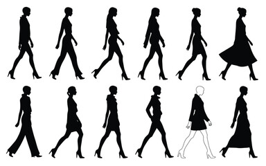 Fototapeta premium Silhouettes of women walking in various poses and outfits on white background for design and illustration