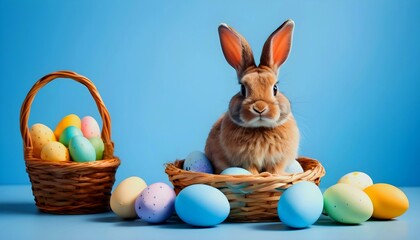 A bunny inside a basket holding an easter placard with some easter eggs and blue isolated background with copyspace, created with generative ai