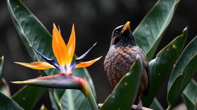 A bird perched on a branch surrounded by green leaves and a vibrant bird of paradise flower in full bloom viewed from a slight angle