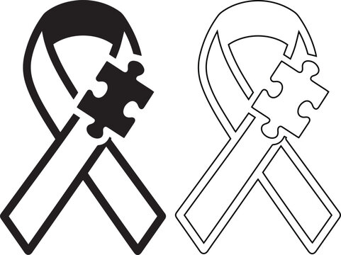 Black autism awareness ribbon with puzzle piece icon representing neurodiversity, disability support, mental health advocacy, and inclusive community acceptance symbol