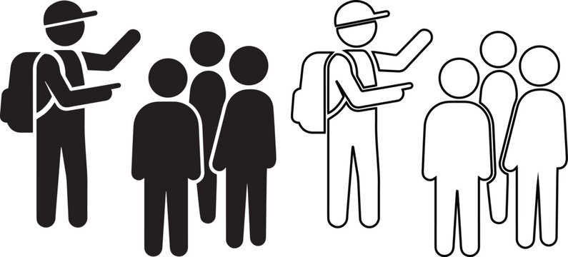 Tour guide leading tourist group during excursion for travel agency marketing educational field trips and vacation planning signage