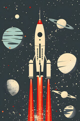 Vintage rocket launches into colorful nebulae and distant celestial bodies.