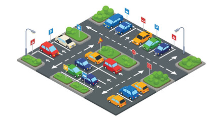 Isometric view of a busy parking lot with various colored vehicles © vectors home