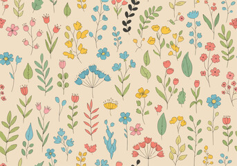 Fototapeta premium Seamless decorative botanical background with playful flowers and organic flow