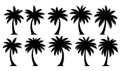 Tropical Black Palm Tree Silhouettes Horizontal Vector Set Isolated on White Background © MdNayeem