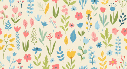 Fototapeta premium Artistic spring floral background with pastel wildflowers and flowing leaves