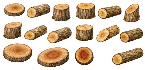 A charming watercolor collection of wood log clipart, including tree stumps, cut trunks, bark texture, and detailed growth rings © liana